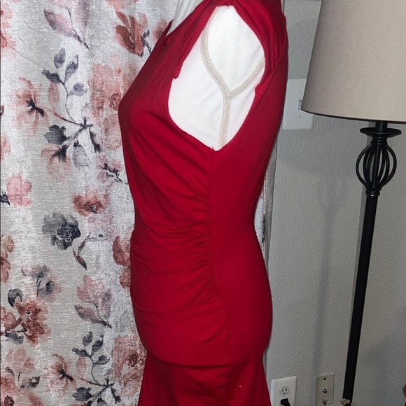 Urban Outfitters Red Sabrina Neckline Bodycon Mini Dress - Picture 7 of 11